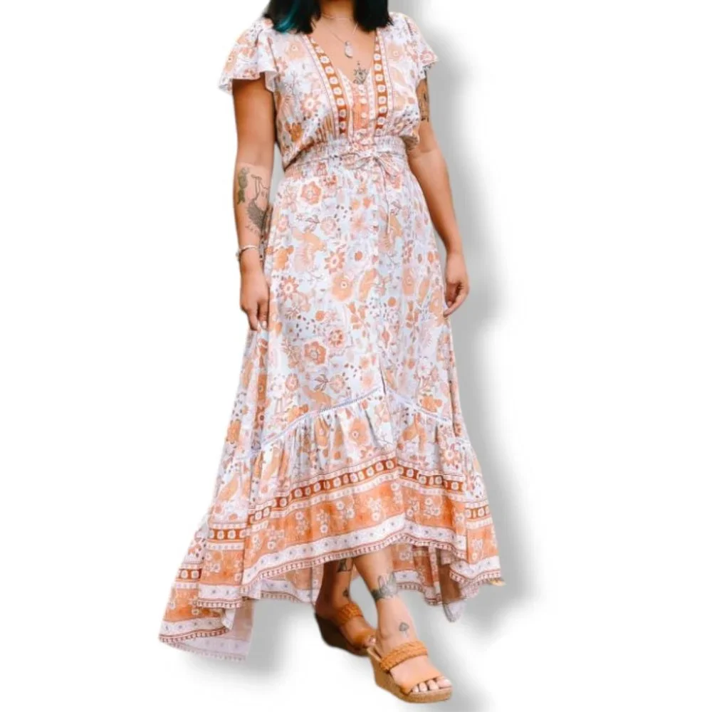Honey Bunch blue orange + tan floral print high-low boho maxi dress fits AU 8-14 - Picture 11 of 15